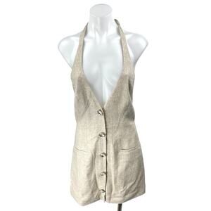 Retrofete Blaine Beige Linen Sleeveless Halter Backless Mini Bodycon Dress Sz S
